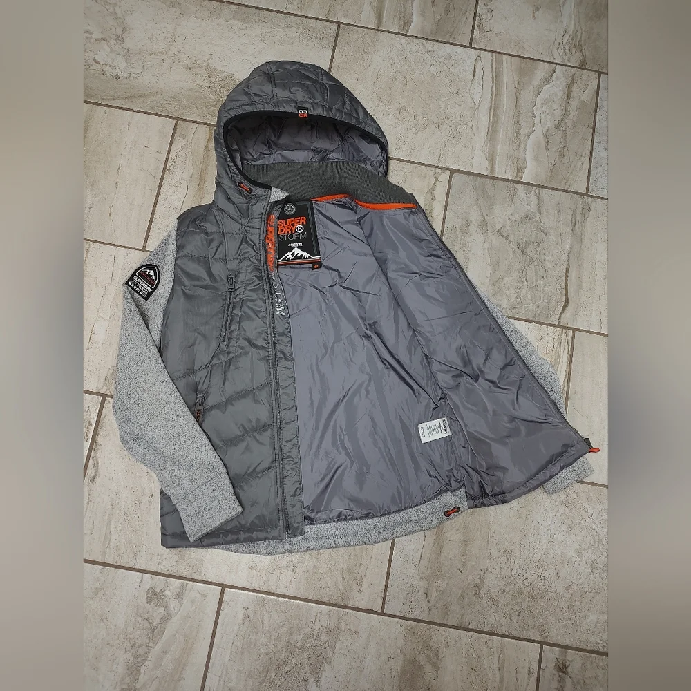 Superdry Kids Grey Hooded Hybrid Puffer Jacket with Orange Trim